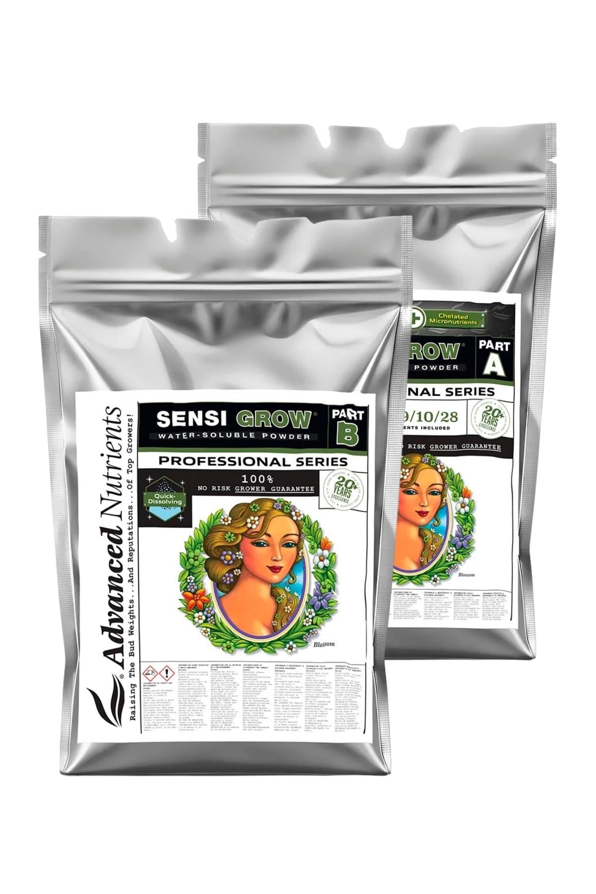 WSP Sensi Grow A-B Pro 1 kg gümüş folyo ambalajlar – beyaz etiket, kadın portreli profesyonel seri yüzü