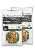 WSP Sensi Grow A-B Pro 10 kg gümüş folyo ambalajlar – beyaz etiket, Part A ve Part B paketleri yan yana