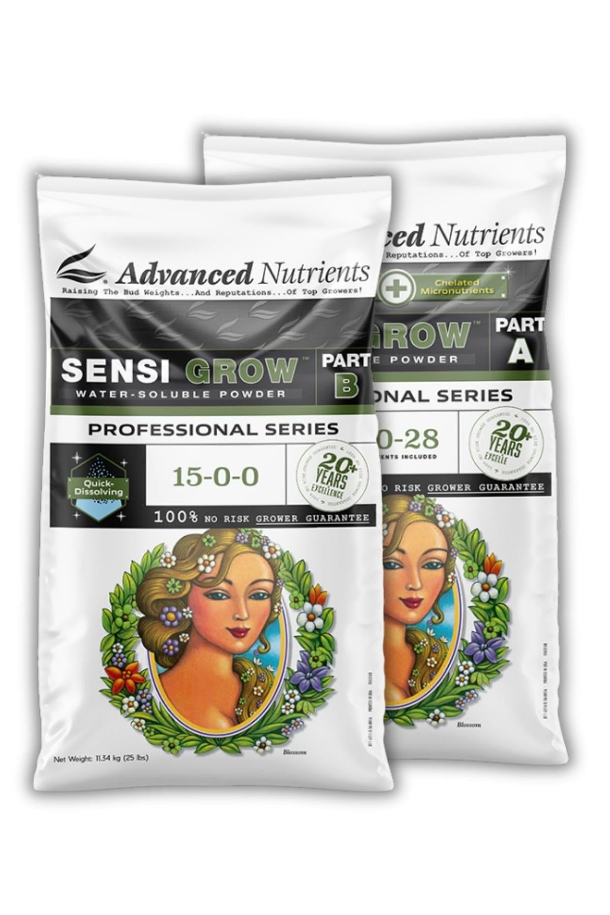 WSP Sensi Grow A-B Pro 10 kg gümüş folyo ambalajlar – beyaz etiket, Part A ve Part B paketleri yan yana