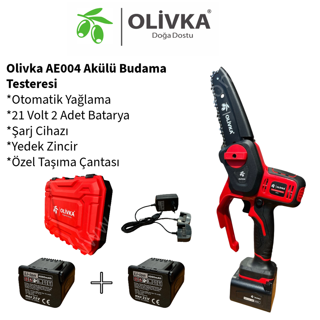 Olivka AE004 Akülü Budama Testeresi - ürünün ambalaj ve kullanım görünümü 1