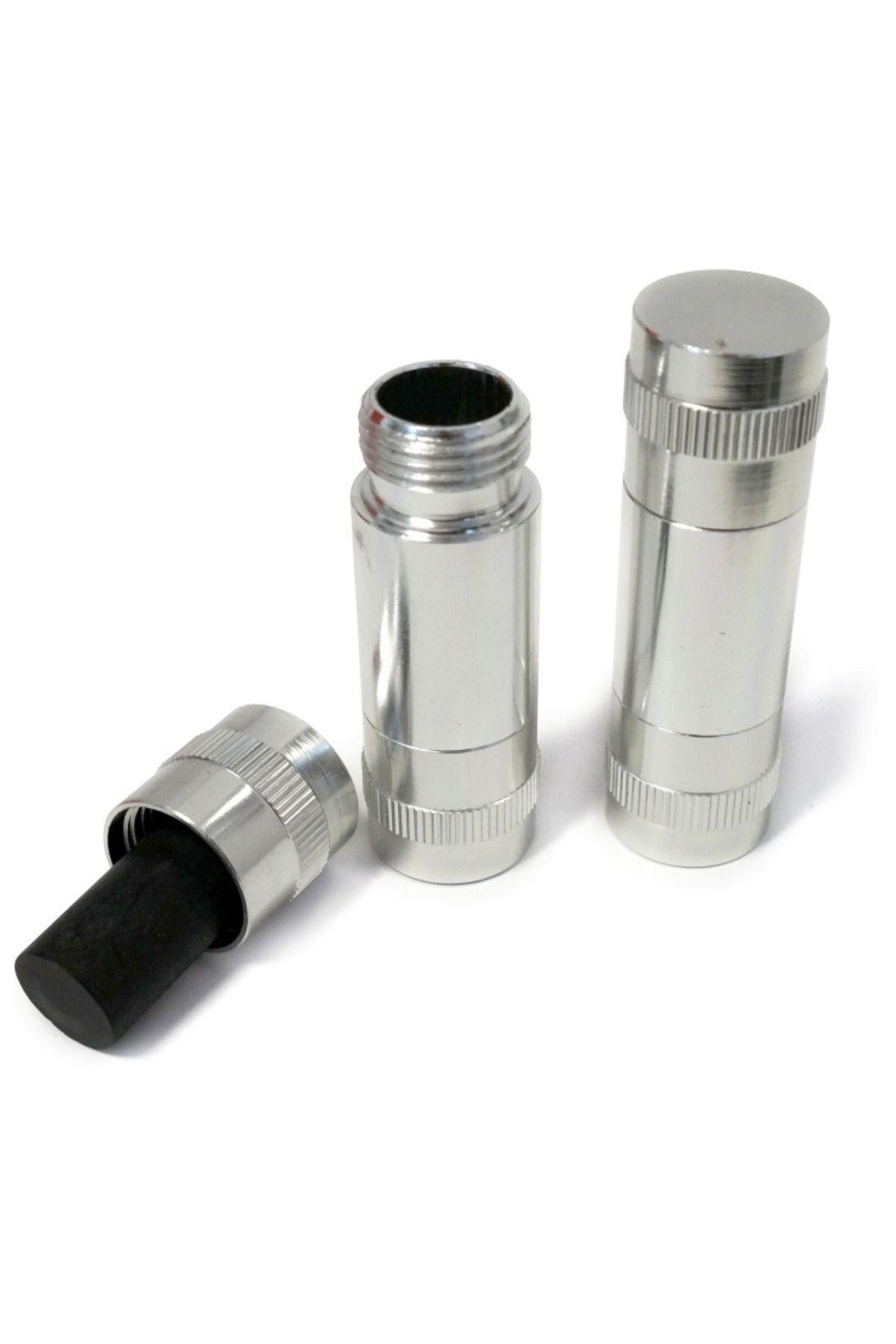 Alüminyum pres 67x20 mm – gümüş renkli, vidalı kapaklı ve çıkarılabilir pimli kompakt metal pres