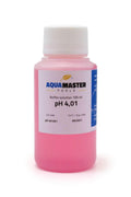 Aquamaster pH 4,01 kalibrasyon sıvısı – 100 ml şeffaf şişe, beyaz kapak, pembe renkli çözelti