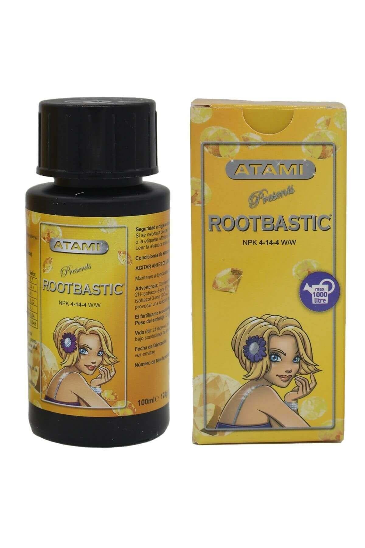 Atami Rootbastic 100 ml – kapaklı küçük şişe ve Rootbastic yazılı koyu renkli ürün etiketi