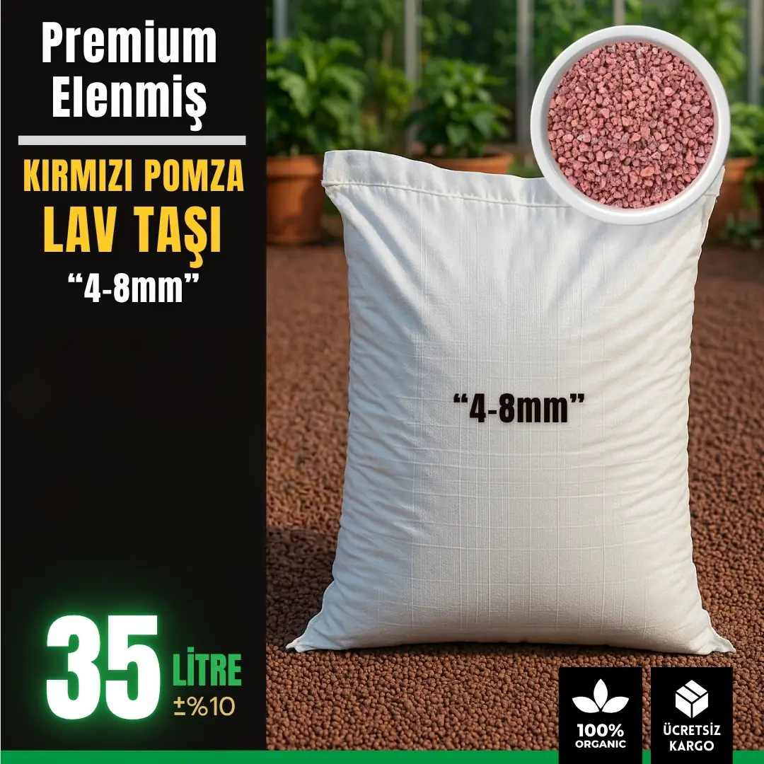 Premium elenmiş kırmızı pomza lav taşı 4-8 mm – 35 litrelik çuval