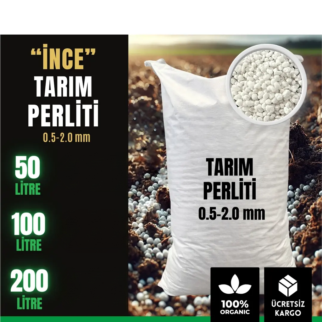 Toprak üzerinde beyaz ince tarım perliti çuvalı, kâsede beyaz granüller ve 50, 100, 200 litre seçenekleri
