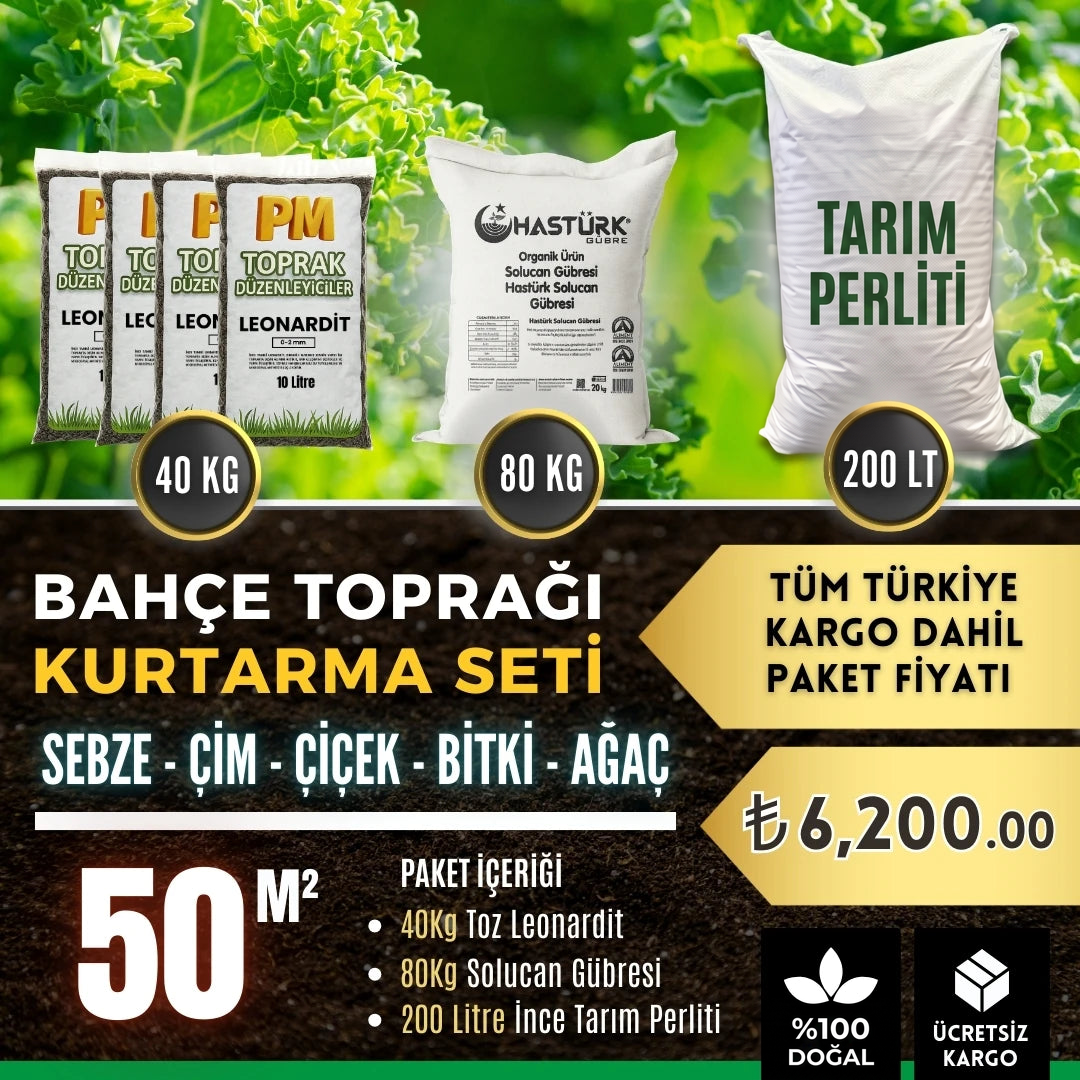 Bahçe toprağı kurtarma seti 50 m² – 40 kg toz leonardit, 80 kg solucan gübresi ve 200 litre ince tarım perliti