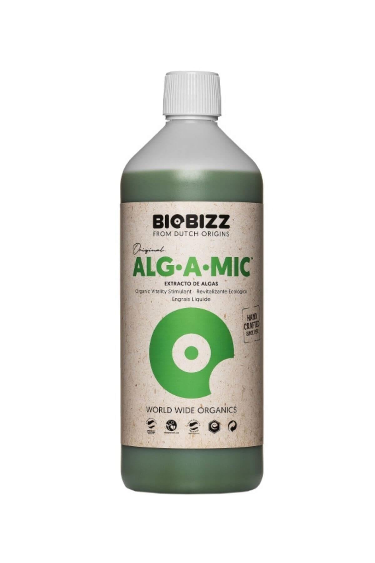 Alg A Mic 1 litre koyu renkli şişe – bej kraft etiket, parlak yeşil yaprak diski, siyah Biobizz logosu
