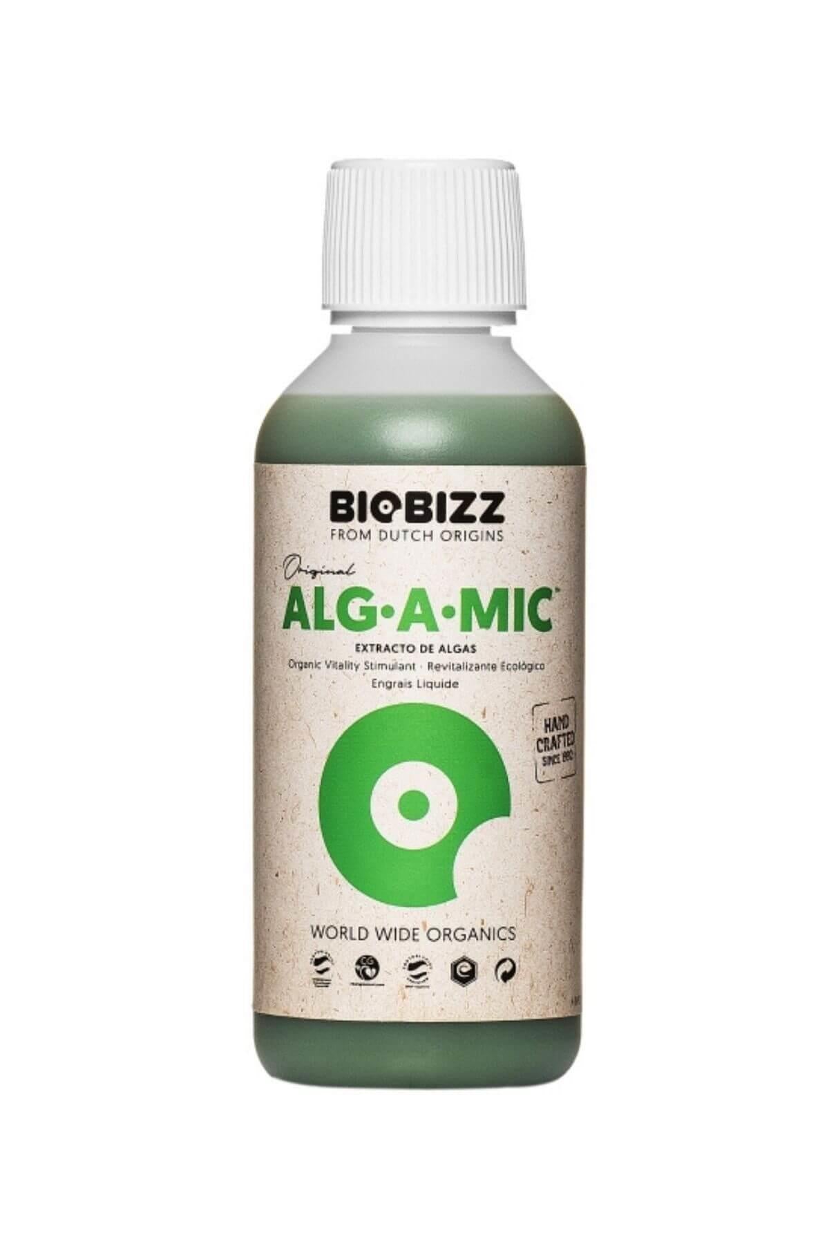 Alg A Mic 250 ml koyu renkli şişe – bej kraft etiket, parlak yeşil daire simgesi, beyaz vidalı kapak