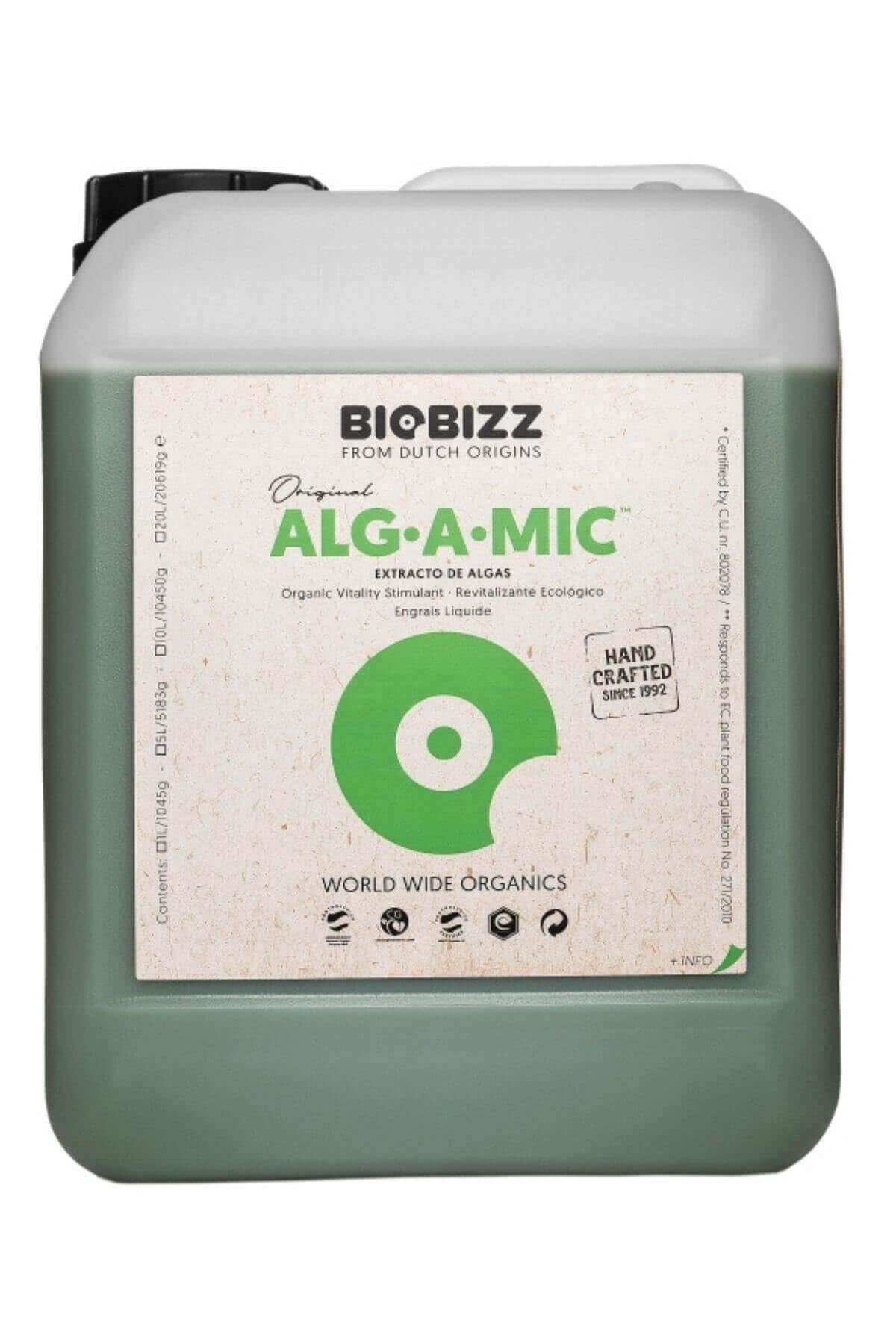 Alg A Mic 5 litre koyu renkli bidon – bej etiket, yeşil daire simgesi, beyaz geniş kapak, kulplu gövde