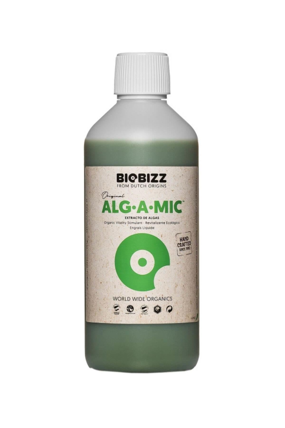 Alg A Mic 500 ml koyu renkli şişe – bej etiket, yeşil daire simgesi, World Wide Organics alt bandı