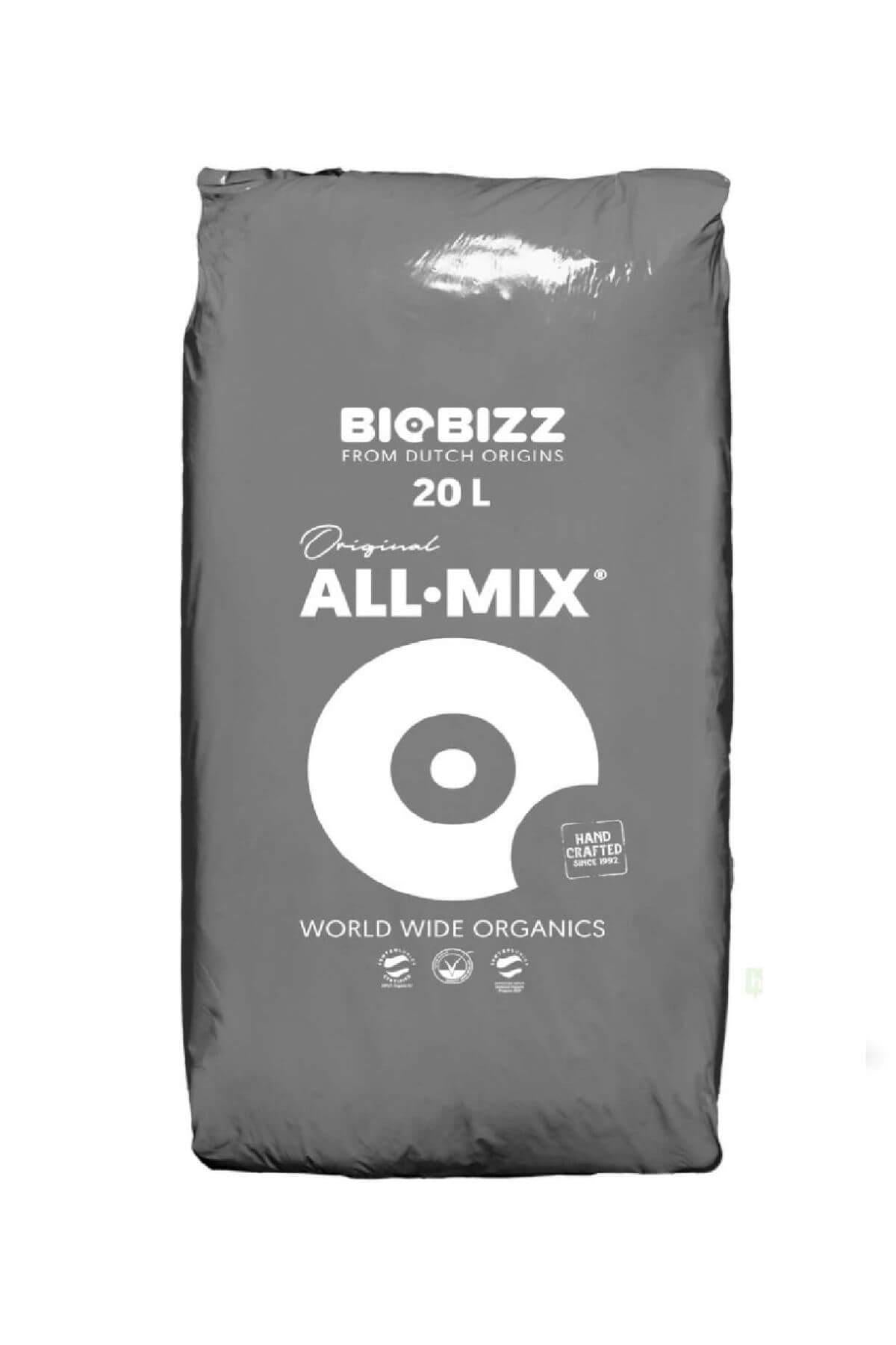 Biobizz All Mix 20 litre gri plastik çuval – siyah beyaz halka logolu, 20 L hacim baskılı