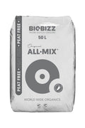 Biobizz All Mix Peat Free 50 litre açık gri çuval – yan kenarında PEAT FREE bandı, halka logolu