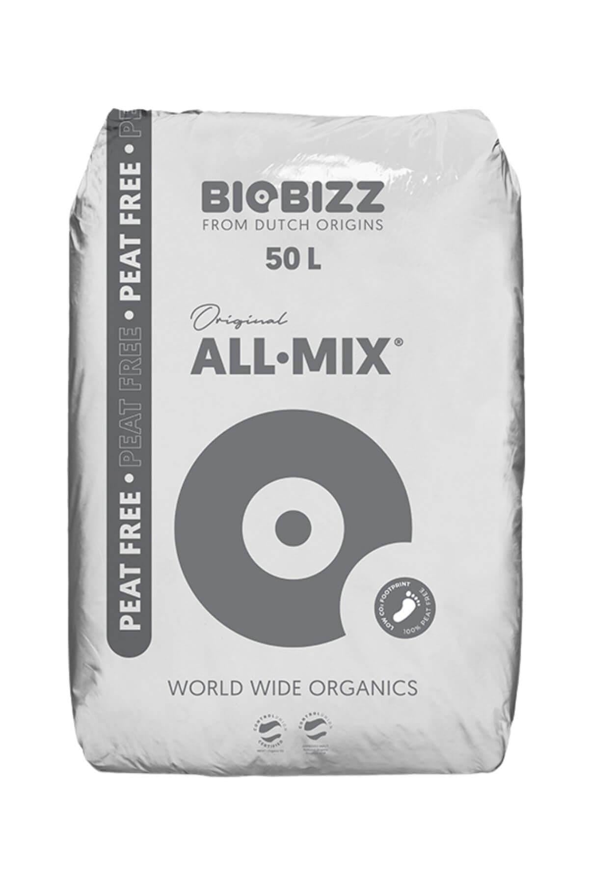 Biobizz All Mix Peat Free 50 litre açık gri çuval – yan kenarında PEAT FREE bandı, halka logolu