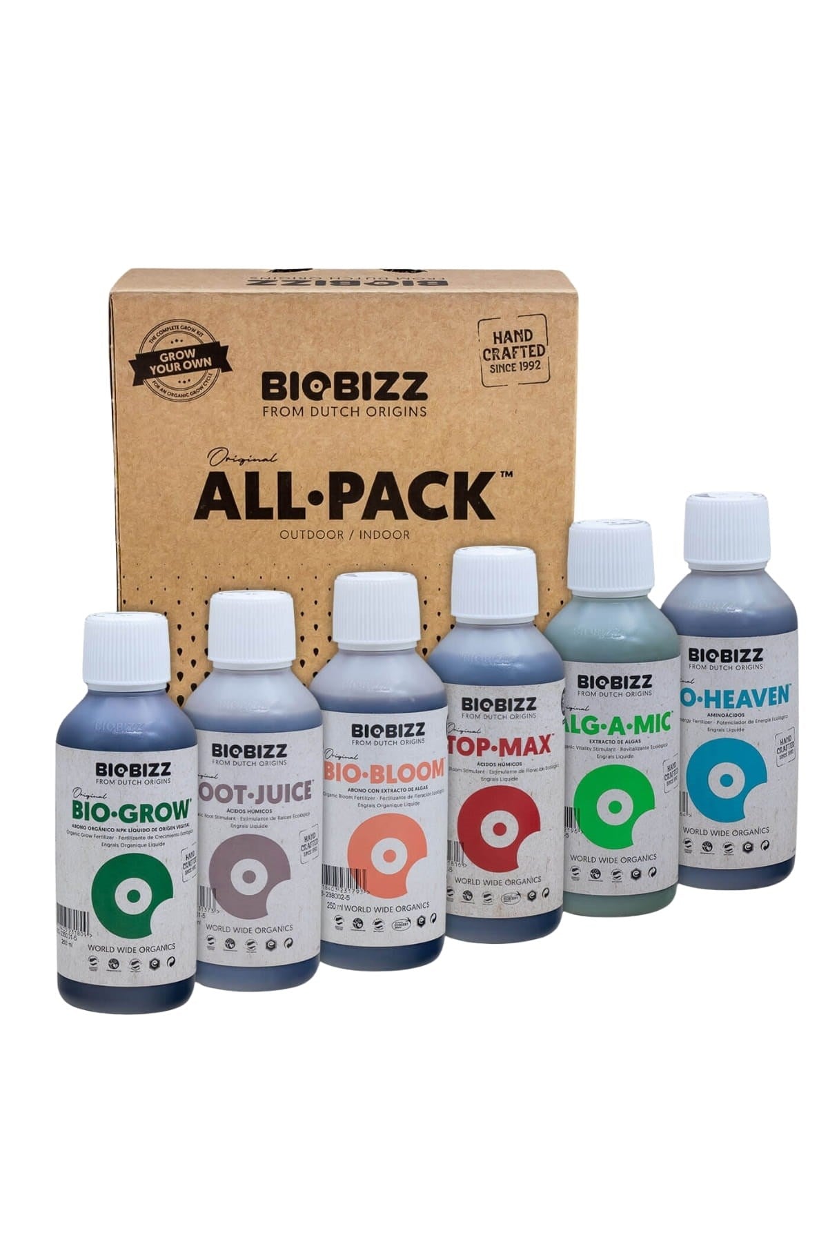 All Pack Indoor 250 ml – kraft kutu ve önünde altı adet 250 ml Biobizz şişesi yan yana dizili