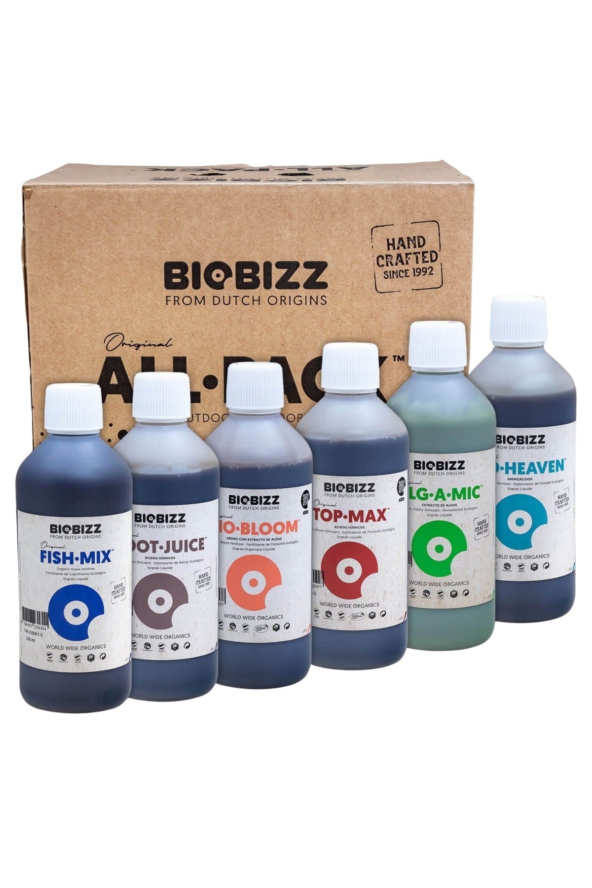 All Pack Outdoor 500 ml – kraft kutu ve önünde altı adet 500 ml Biobizz şişesi sıralı biçimde