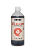 Bio Bloom 1 litre koyu renkli şişe – bej kraft etiket, turuncu yaprak diski, siyah Biobizz logosu
