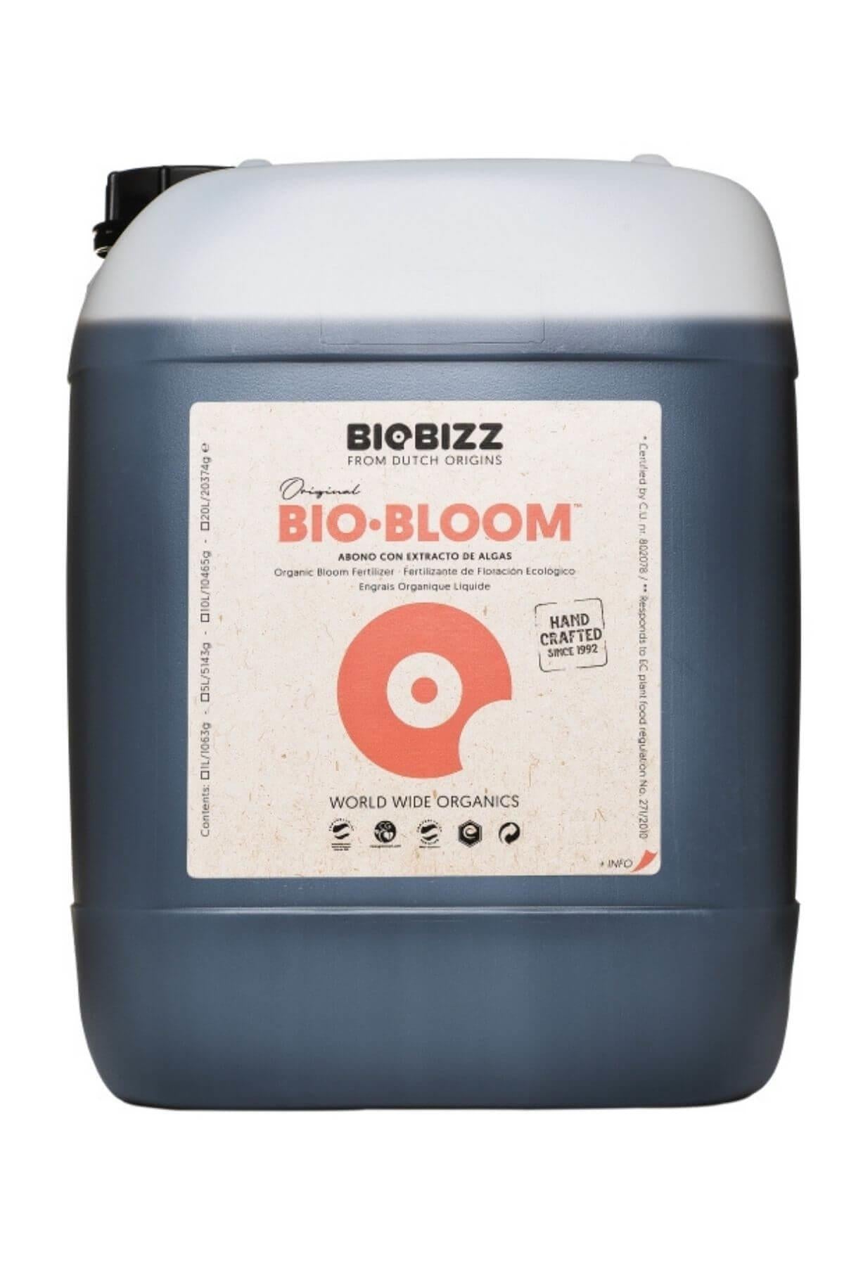 Bio Bloom 10 litre koyu renkli büyük bidon – bej kraft etiket, turuncu yaprak diski, beyaz kapaklı