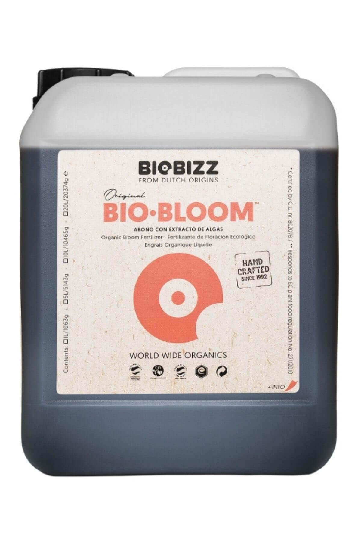Bio Bloom 5 litre koyu renkli bidon – bej etiket, turuncu daire simgesi, beyaz geniş kapak, kulplu
