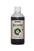 Bio Grow 500 ml koyu cam görünümlü şişe – bej etiket, yeşil daire simgesi, beyaz vidalı kapak