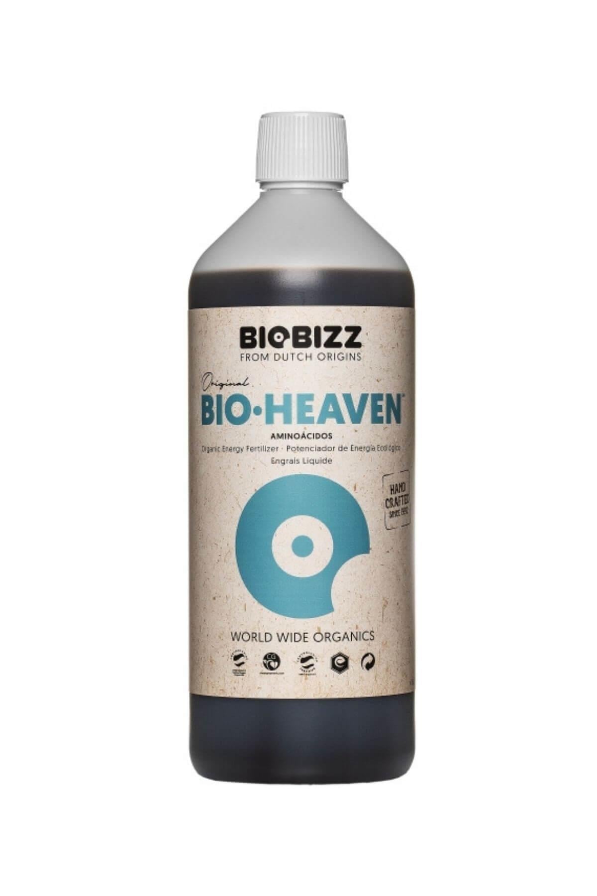 Bio Heaven 1 litre koyu renkli şişe – bej kraft etiket, açık mavi yaprak diski, siyah Biobizz logosu