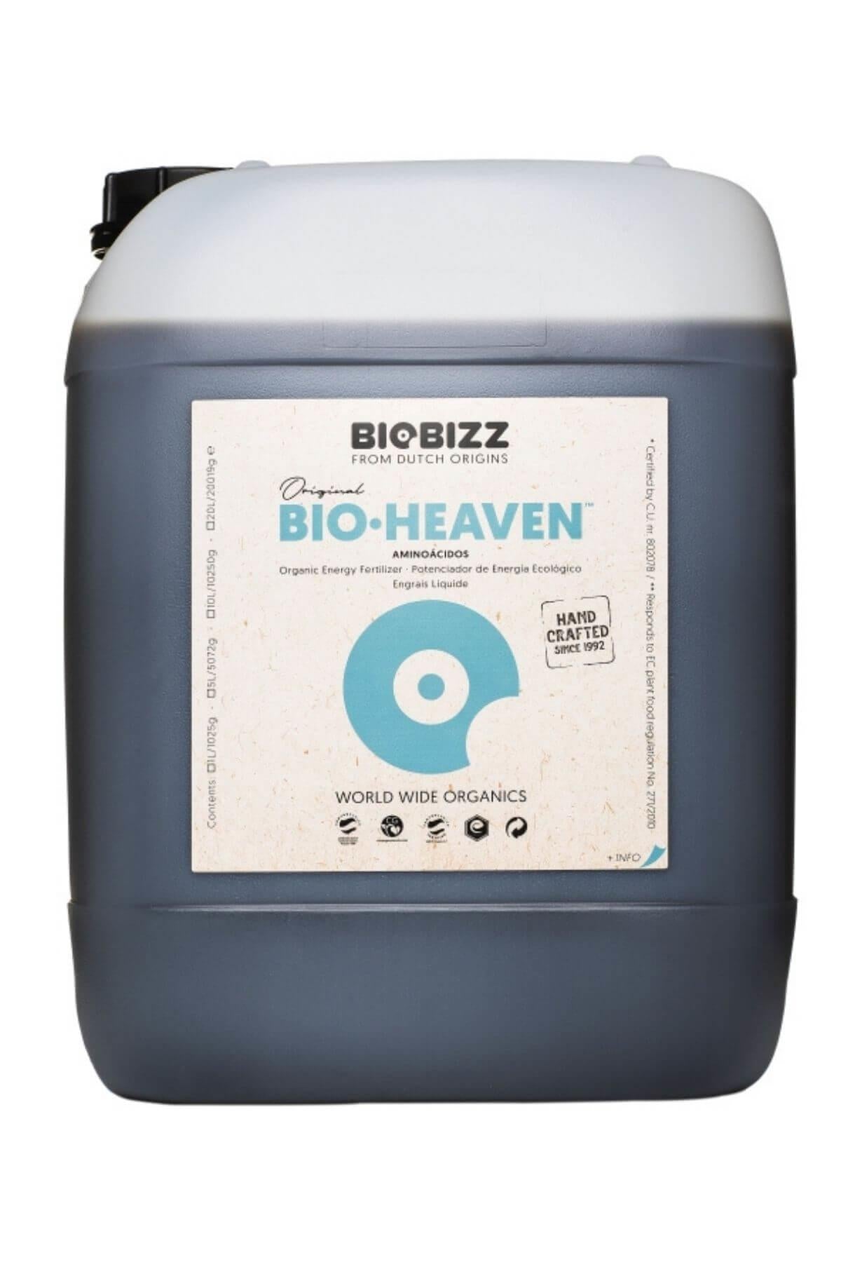 Bio Heaven 10 litre koyu renkli büyük bidon – bej kraft etiket, mavi yaprak diski, beyaz kapaklı gövde