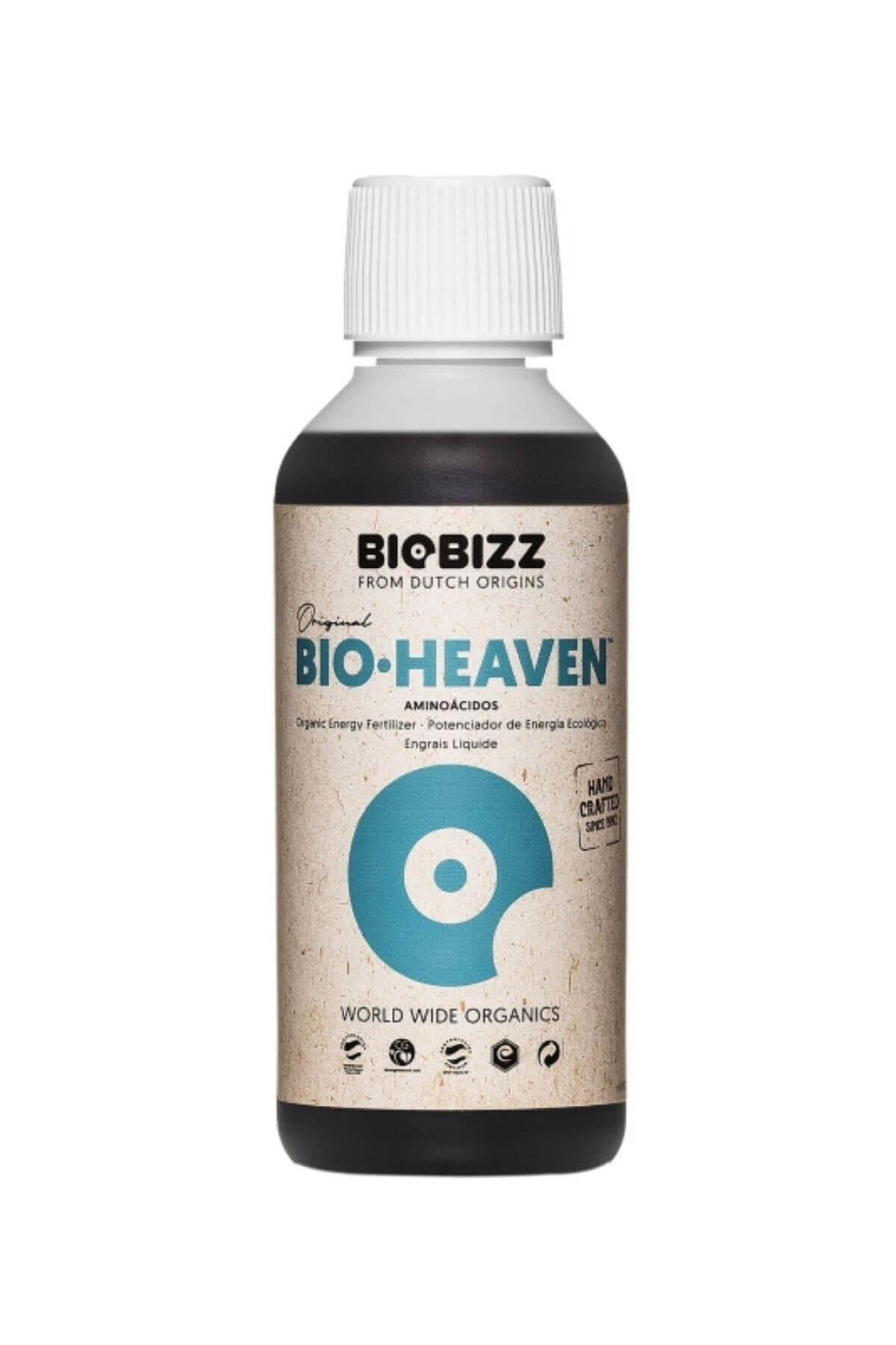 Bio Heaven 250 ml koyu renkli şişe – bej kraft etiket, açık mavi daire simgesi, beyaz vidalı kapak