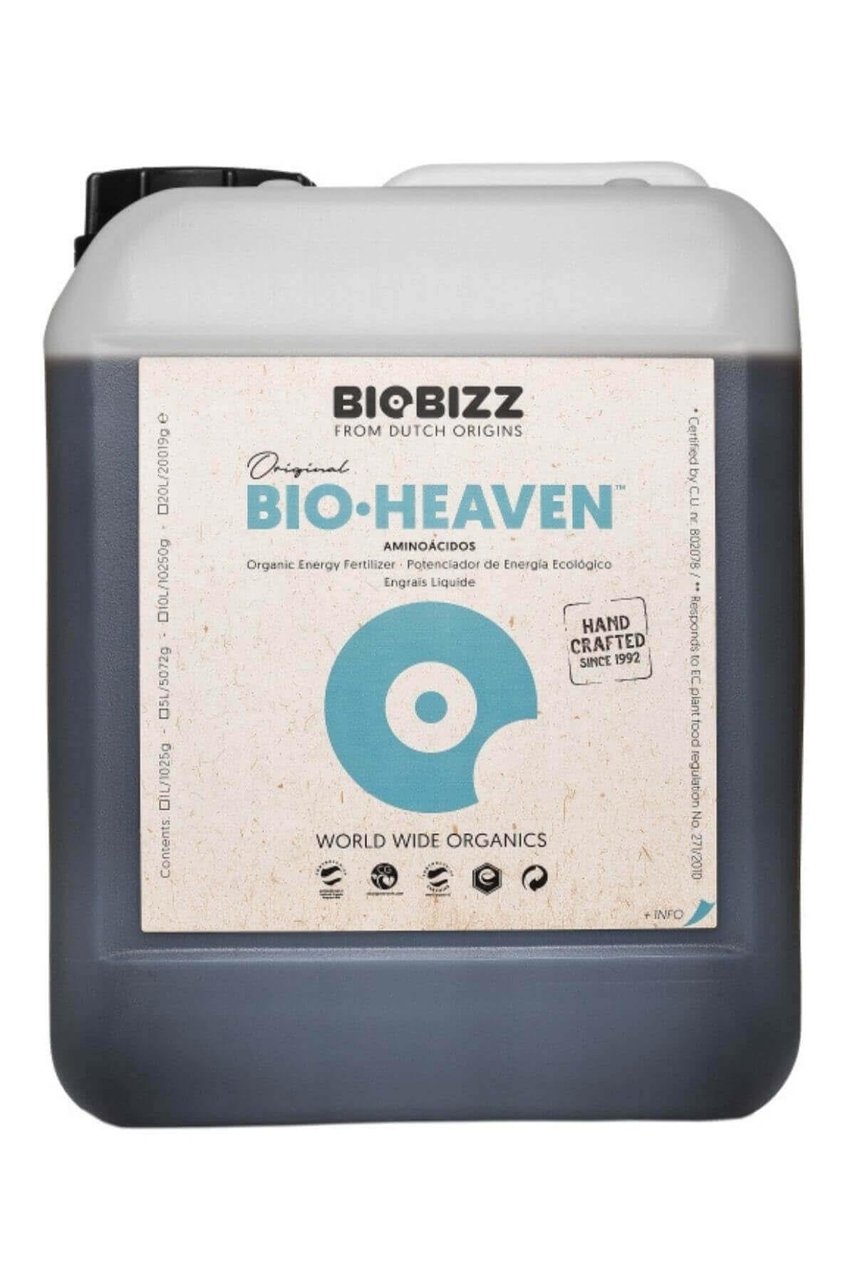 Bio Heaven 5 litre koyu renkli bidon – bej etiket, mavi daire simgesi, beyaz geniş kapak, kulplu gövde