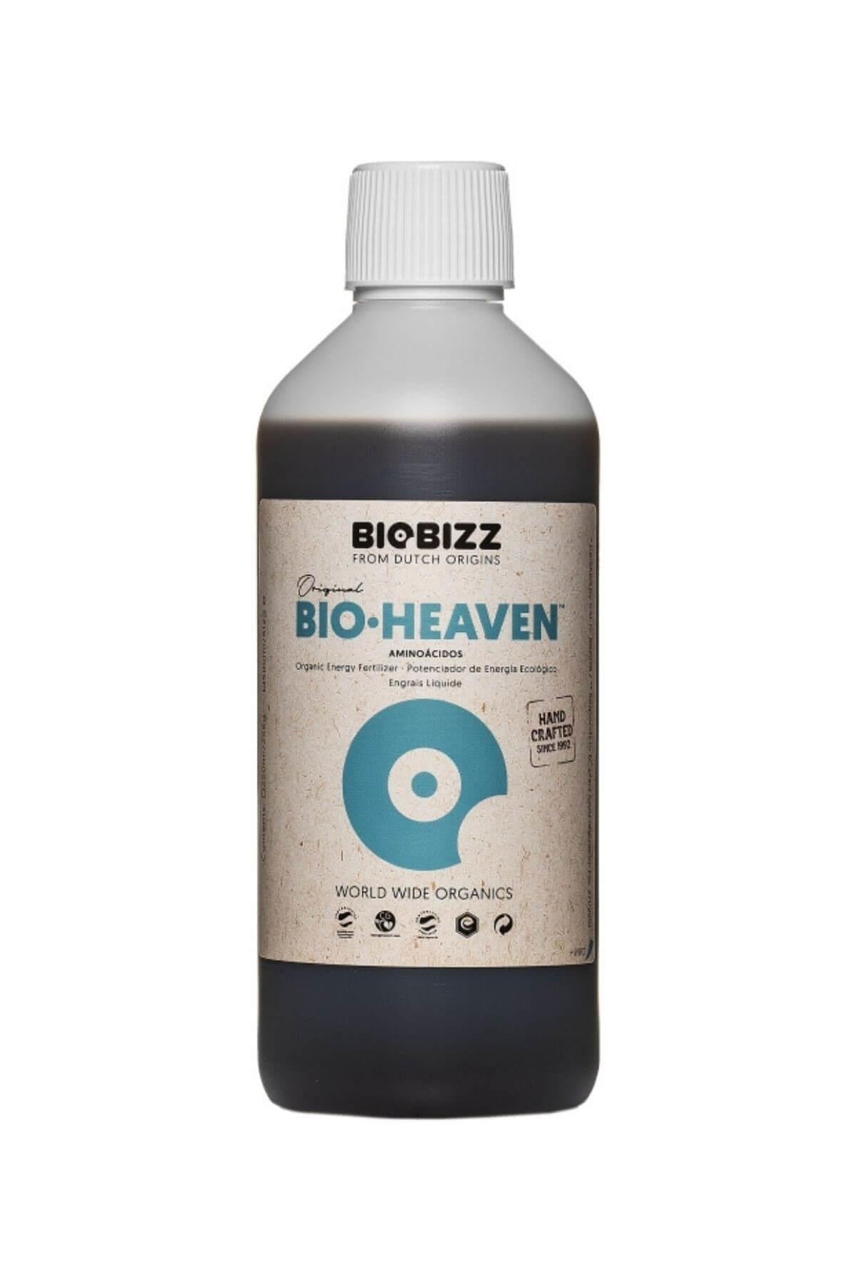 Bio Heaven 500 ml koyu renkli şişe – bej etiket, mavi daire simgesi, World Wide Organics alt bandı