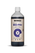 Bio pH Up 1 litre koyu renkli şişe – bej kraft etiket, mor lacivert disk, siyah Biobizz logolu üst kısım