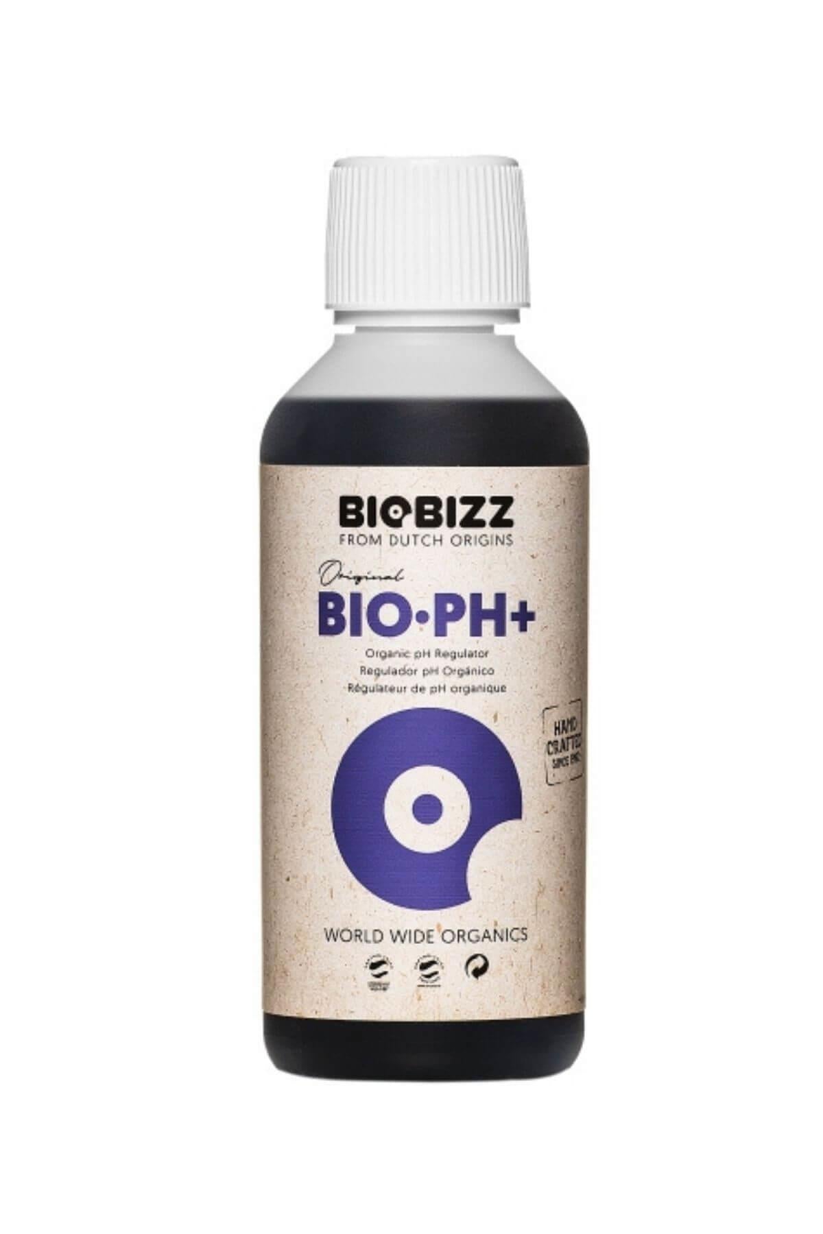 Bio pH Up 250 ml koyu renkli şişe – bej kraft etiket, mor lacivert daire simgesi, beyaz vidalı kapak