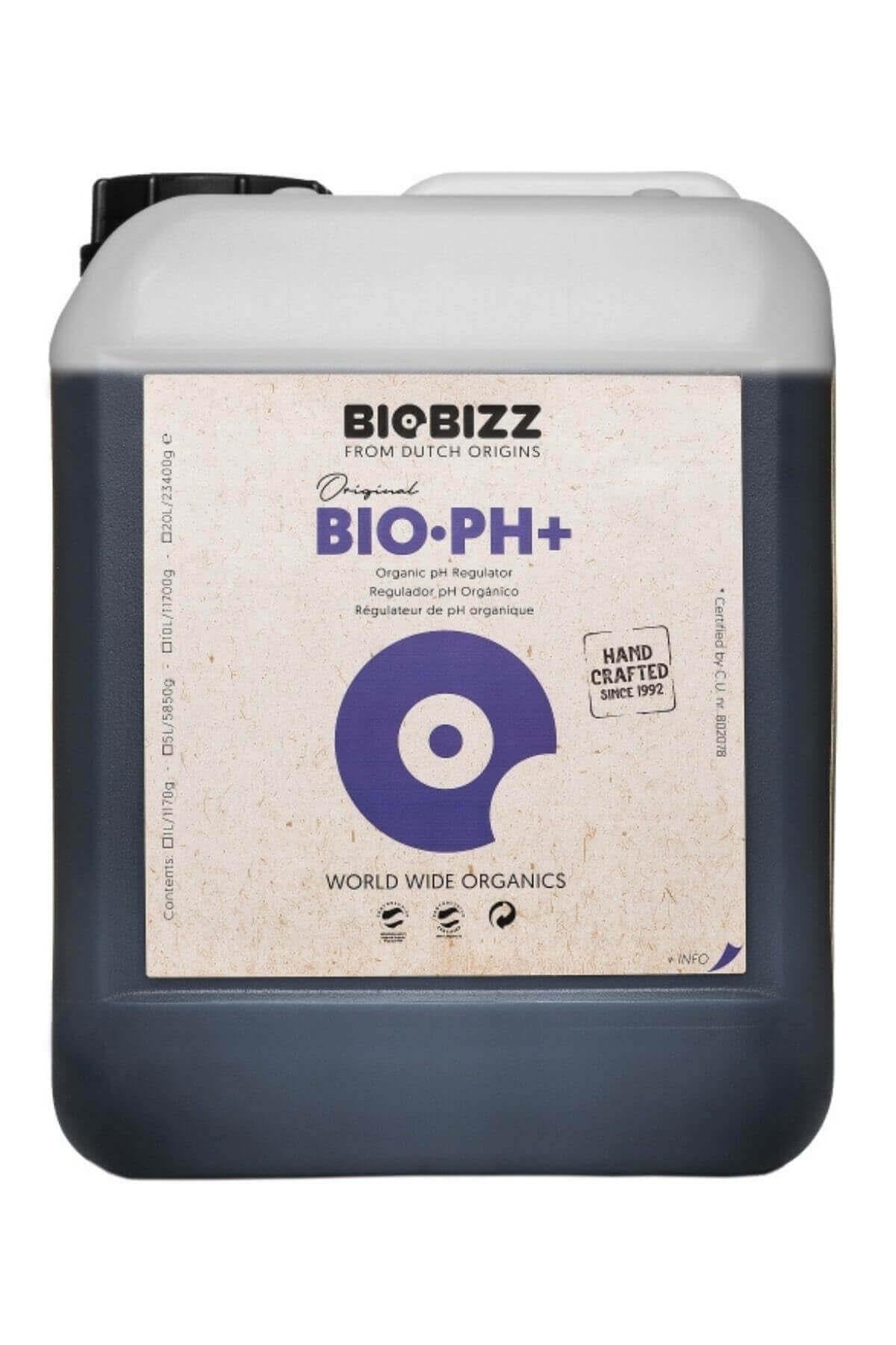 Bio pH Up 5 litre koyu renkli bidon – bej etiket, mor daire simgesi, beyaz geniş kapak, kulplu gövde