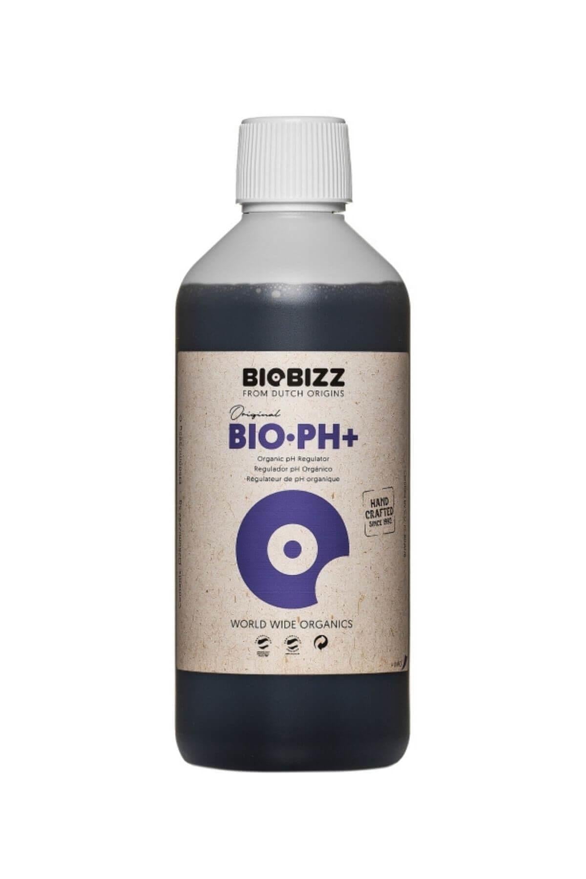 Bio pH Up 500 ml koyu renkli şişe – bej etiket, mor daire simgesi, World Wide Organics yazılı alt bant