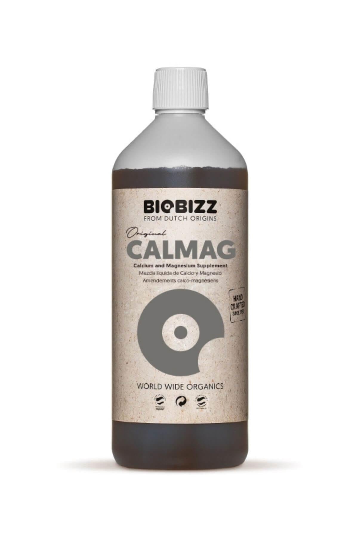 Calmag 1 litre koyu kahve renkli şişe – bej kraft etiket, gri disk, siyah Biobizz logolu üst kısım