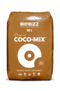 Biobizz Coco Mix 50 litre kahverengi çuval – beyaz halka logolu, COCO MIX baskılı ambalaj