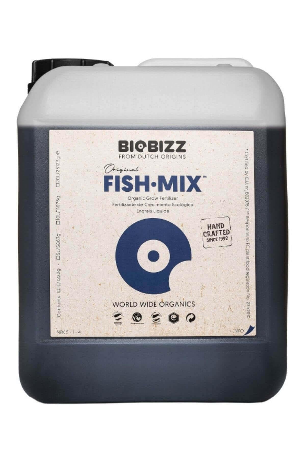 Fish Mix 5 litre koyu renkli bidon – bej etiket, lacivert daire simgesi, beyaz geniş kapak, kulplu