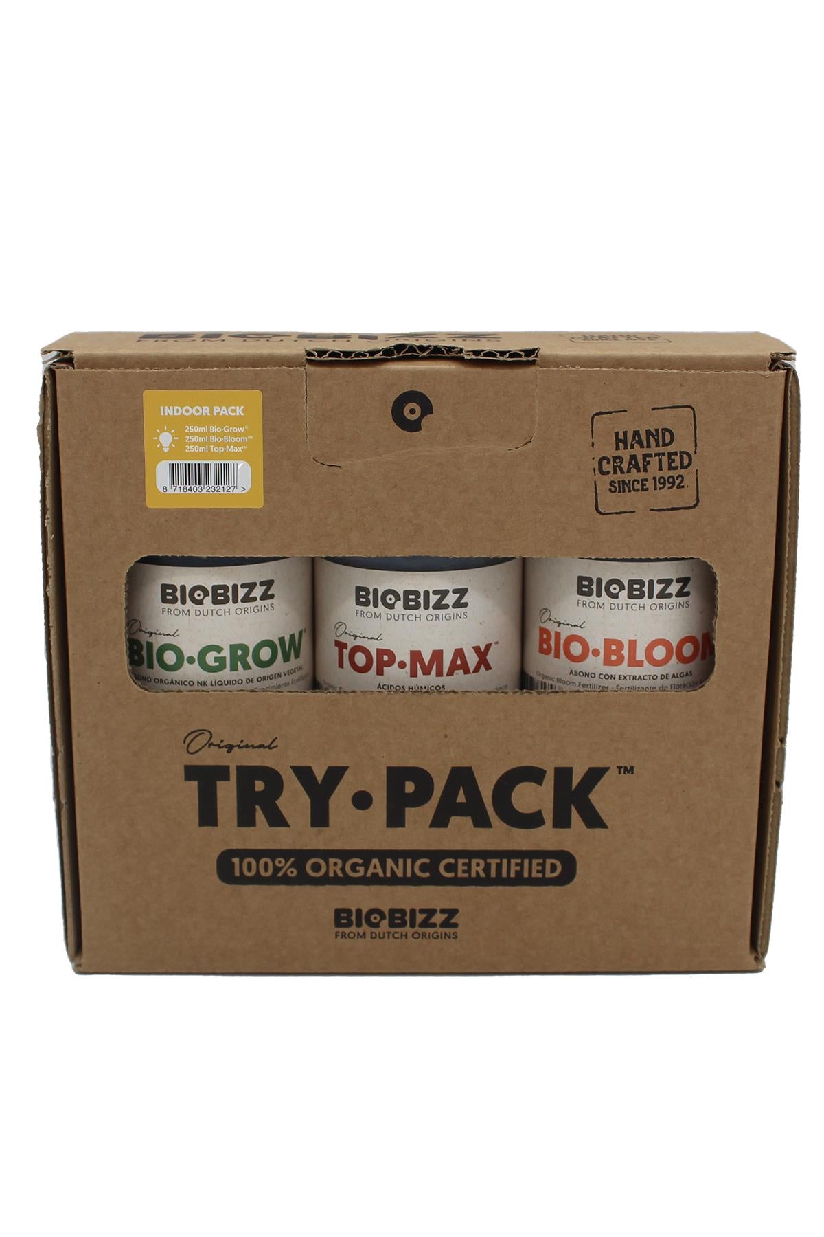 Biobizz Indoor Pack – kraft karton kutu içinde üç adet 250 ml şişe, sarı bantlı Try Pack etiketi