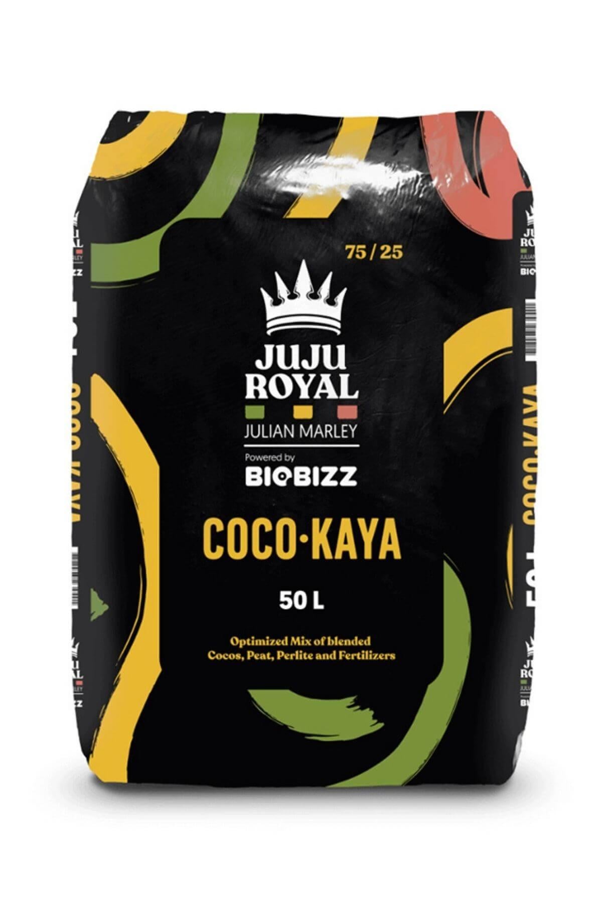 Coco Kaya 50 litre siyah ambalaj – taç amblemli JuJu Royal etiketi, renkli şeritler ve 50 L yazısı