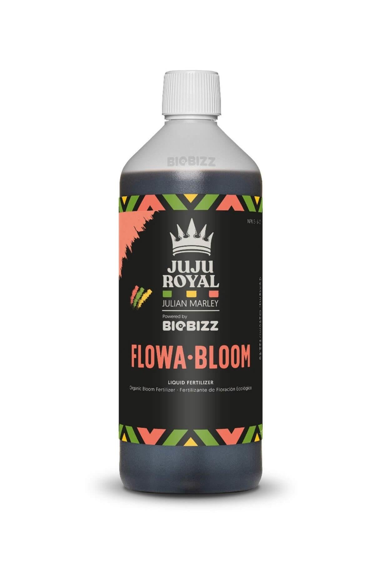 Flowa Bloom 1 litre siyah şişe – siyah etiket, taç amblemi, renkli desenli çerçeve, gümüş üst kısım