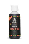 Flowa Bloom 250 ml siyah şişe – siyah etiket, taç amblemi ve kırmızı sarı yeşil desenli çerçeve