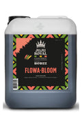 Flowa Bloom 5 litre koyu renkli bidon – siyah etiket, taç amblemi, renkli desenli çerçeve, kulplu