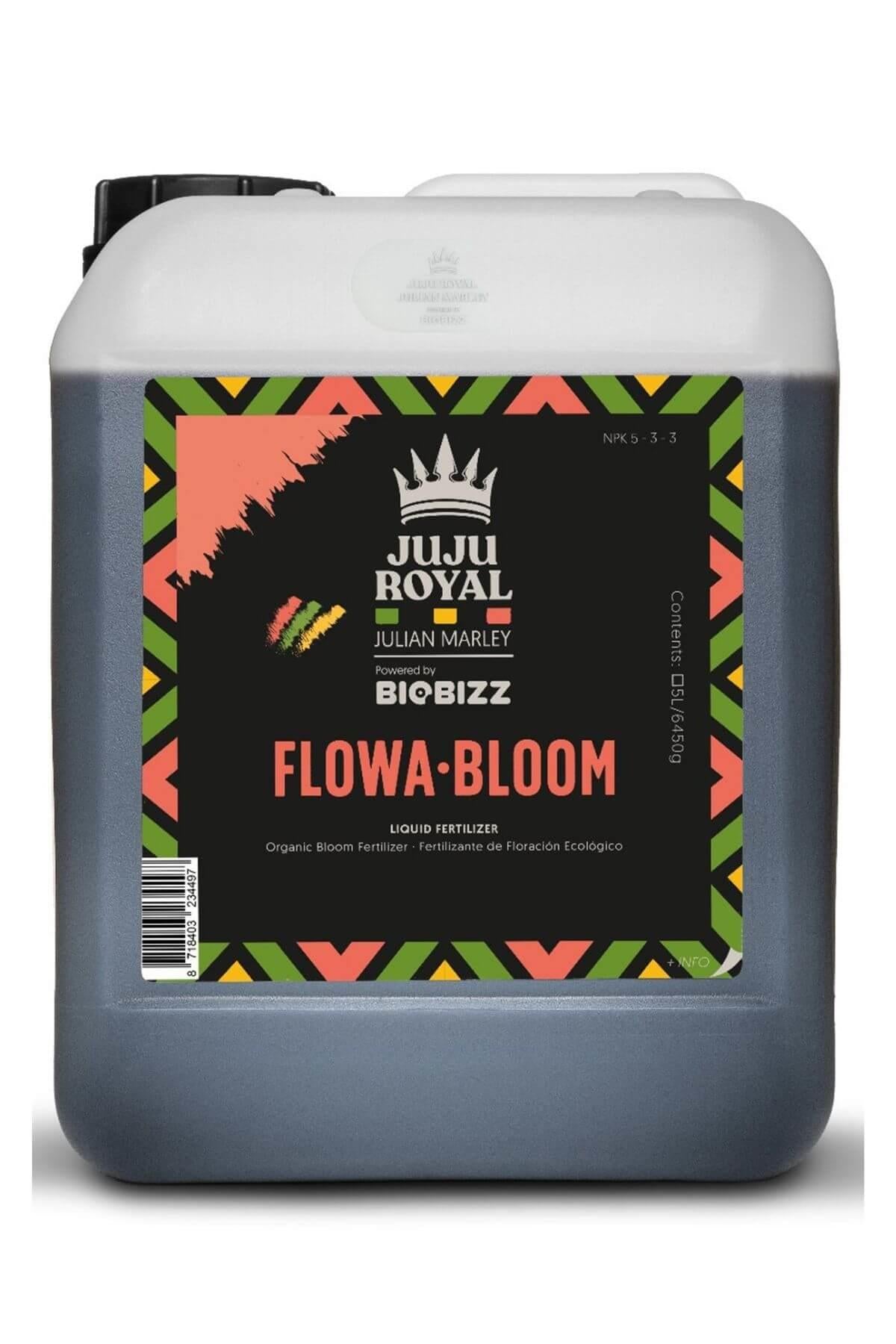 Flowa Bloom 5 litre koyu renkli bidon – siyah etiket, taç amblemi, renkli desenli çerçeve, kulplu