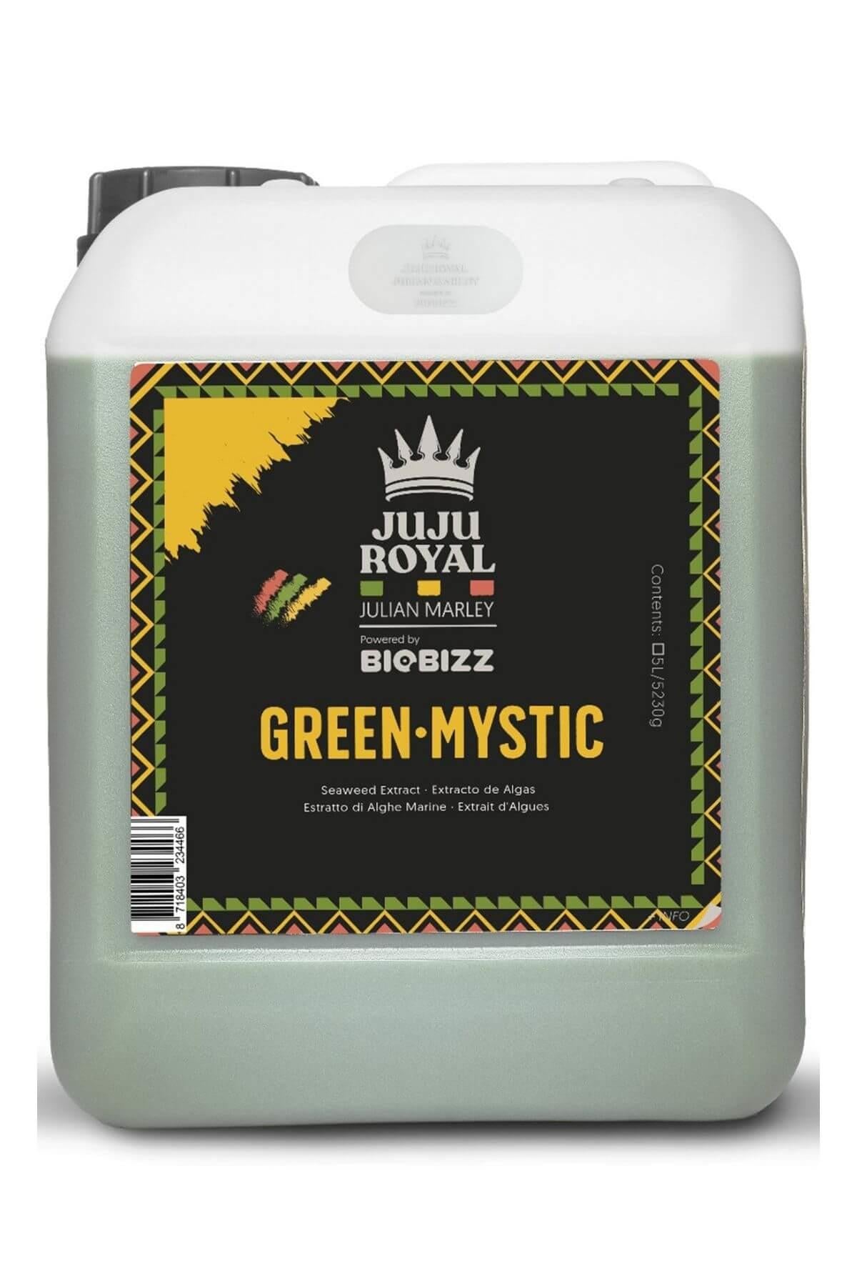Green Mystic 5 litre açık renkli bidon – siyah etiket, taç amblemi, renkli desenli çerçeve, kulplu