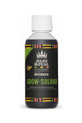 Grow Soldier 250 ml siyah şişe – siyah etiket, taç amblemi ve kırmızı sarı yeşil desenli çerçeve