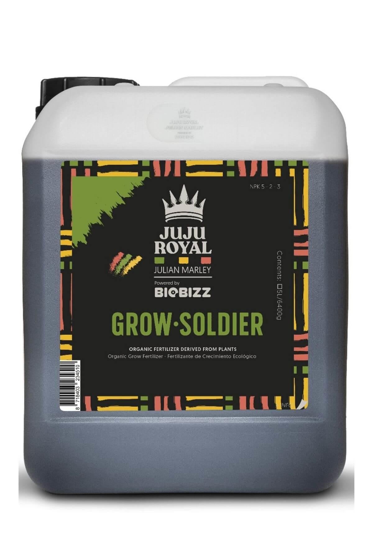 Grow Soldier 5 litre koyu renkli bidon – siyah etiket, taç amblemi, renkli desenli çerçeve, kulplu