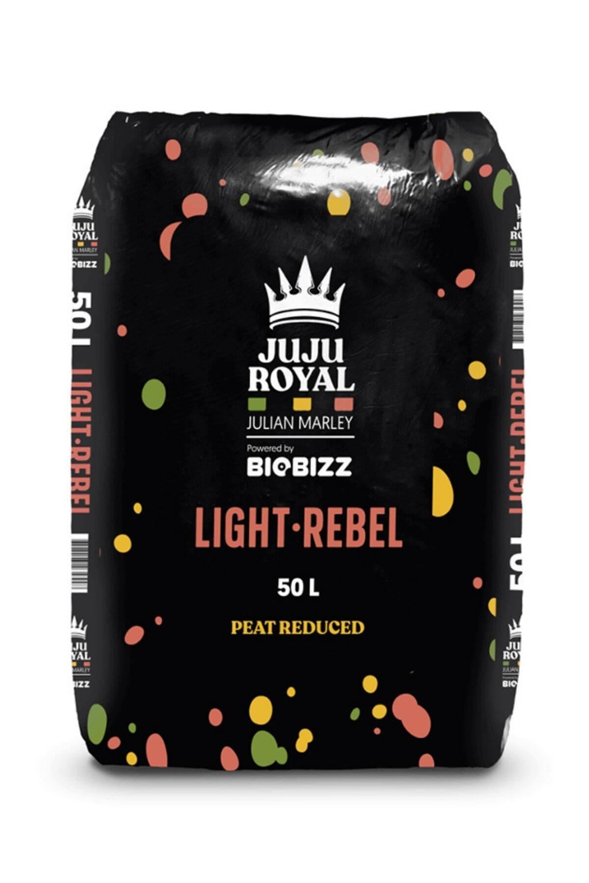 Light Rebel 50 litre siyah ambalaj – taç amblemli JuJu Royal etiketi, renkli noktalar ve 50 L yazısı