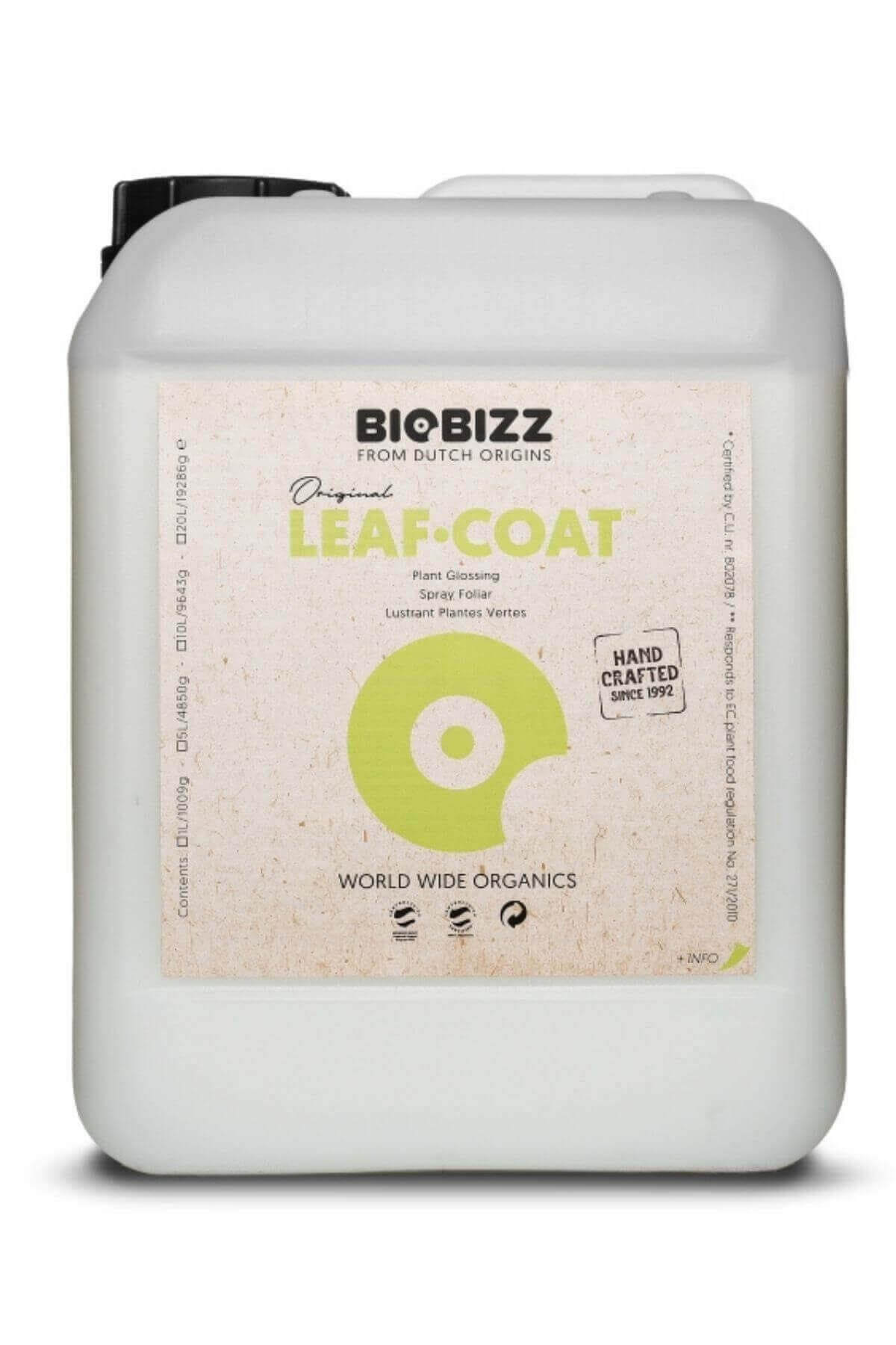 Leaf Coat 5 litre açık renkli bidon – bej kraft etiket, yeşil daire simgesi, beyaz geniş kapak, kulplu