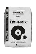 Light Mix Peat Free 50 litre beyaz ambalaj – siyah Biobizz logosu, daire simgesi, Peat Free şeridi