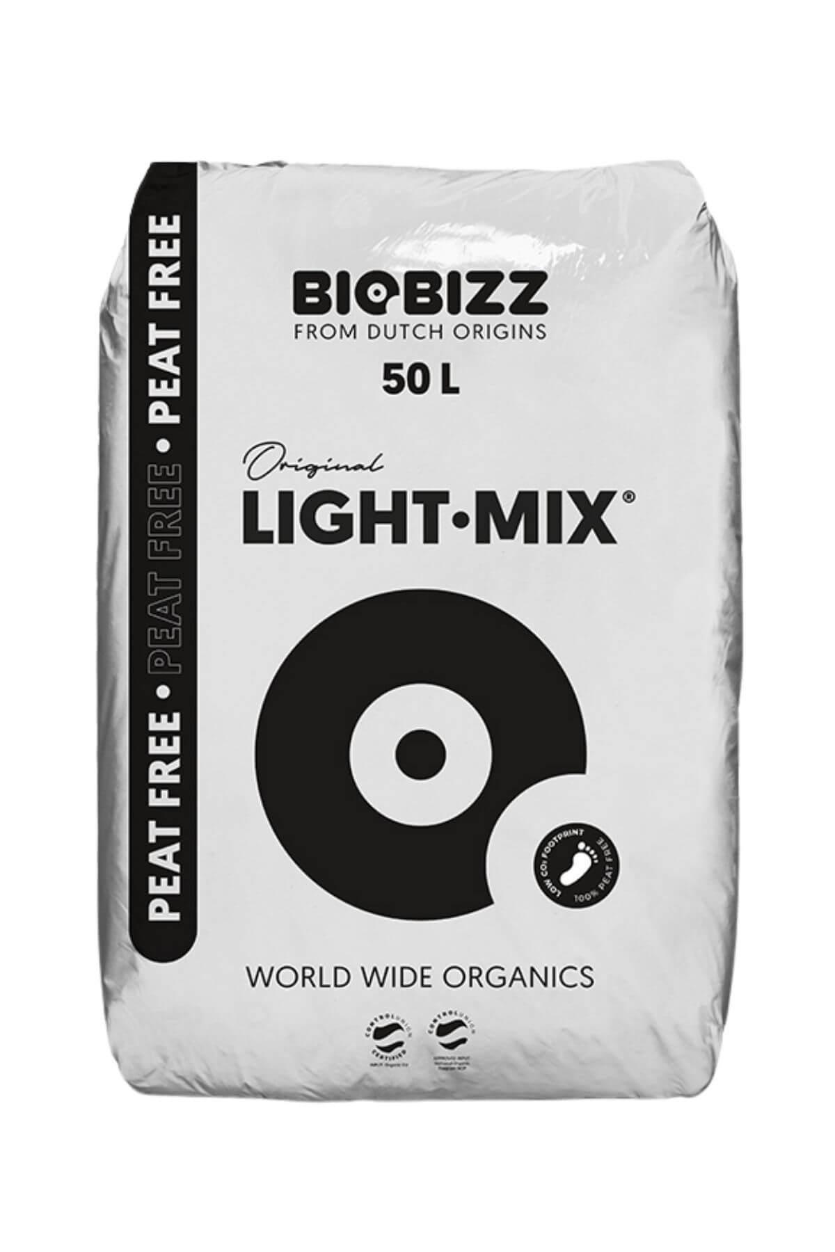 Light Mix Peat Free 50 litre beyaz ambalaj – siyah Biobizz logosu, daire simgesi, Peat Free şeridi