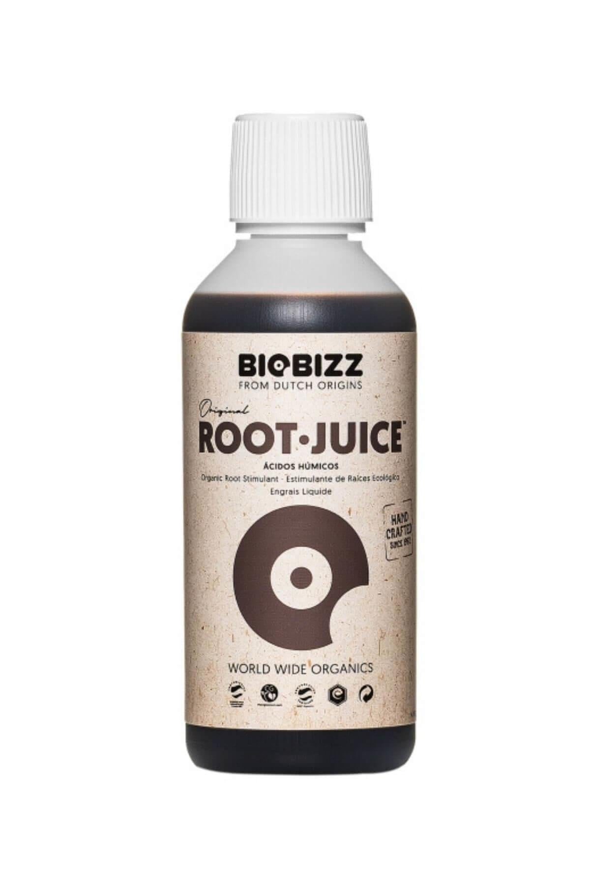 Root Juice 250 ml koyu renkli şişe – bej kraft etiket, koyu kahve daire simgesi, beyaz vidalı kapak