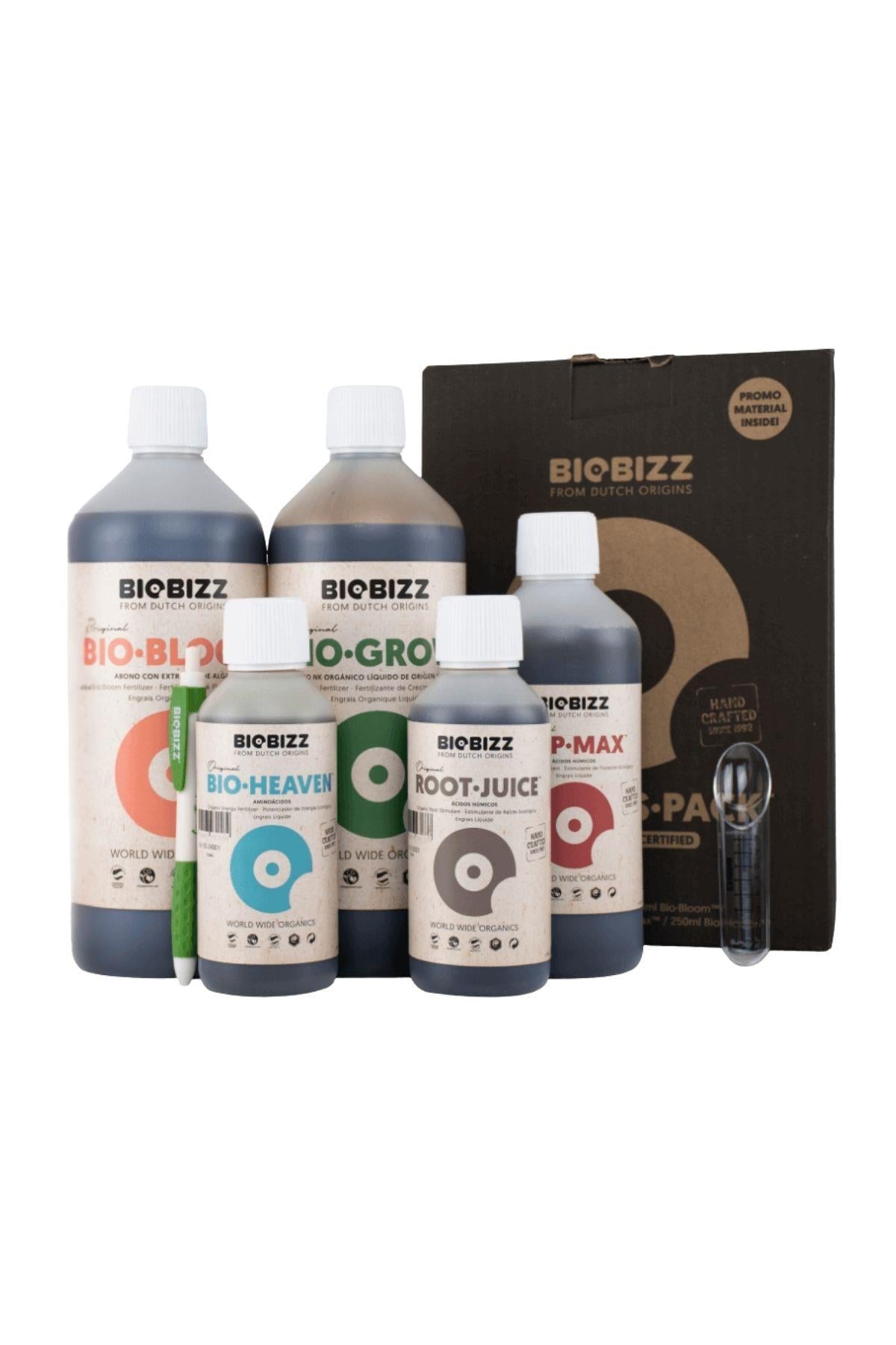 Biobizz Starter Pack – beş adet Biobizz şişesi ve siyah kutu, farklı boyutlarda ambalajlar bir arada